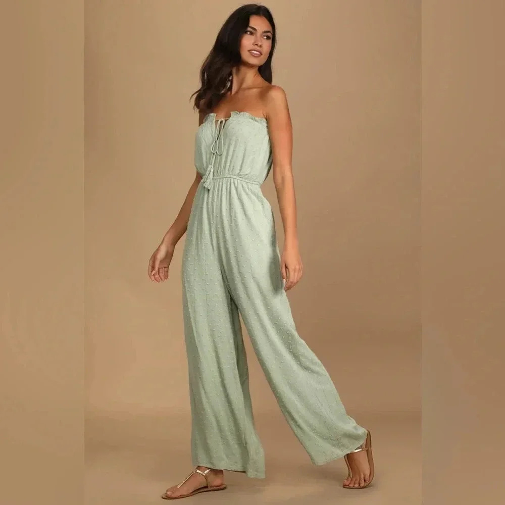 Lulus Wild and Carefree Sage and Gold Striped Strapless Jumpsuit